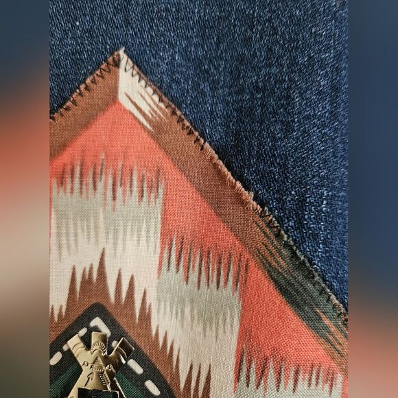 Vintage Red and Denim Western Tribal Beaded Concho Open Front Sweater Size L - Picture 8 of 9